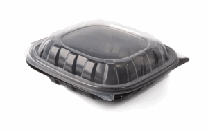 Classic PP Plastic Clamshell Square Container, 1 compartment, 7"x7"x3" - Black base & Transparent Lid. (Case of 261 pcs)