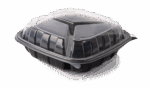 Classic PP Plastic Clamshell Container, 3 equal compartments, 9"x9"x3" - Black base & Transparent Lid. (Case of 184 pcs)