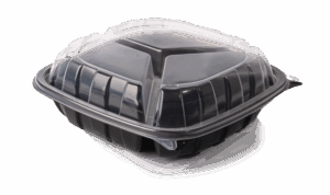 Classic PP Plastic Clamshell Container, 3 equal compartments, 9"x9"x3" - Black base & Transparent Lid. (Case of 184 pcs)