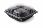 Classic PP Plastic Clamshell Square Container, 4 equal compartments, 9"x9"x3" - Black base & Transparent Lid. (Case of 184 pcs)