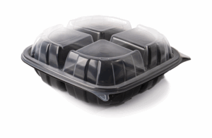 Classic PP Plastic Clamshell Square Container, 4 equal compartments, 9"x9"x3" - Black base & Transparent Lid. (Case of 184 pcs)