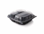 Classic PP Plastic Clamshell Square Container, 3 compartments, 9"x9"x3" - Black base & Transparent Lid. (Case of 184 pcs)