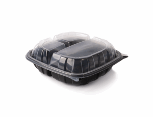 Classic PP Plastic Clamshell Square Container, 3 compartments, 9"x9"x3" - Black base & Transparent Lid. (Case of 184 pcs)