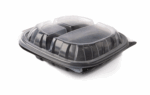 Classic PP Plastic Clamshell Square Container, 3 compartments, 8"x8"x3" - Black base & Transparent Lid. (Case of 184 pcs)