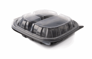 Classic PP Plastic Clamshell Square Container, 3 compartments, 8"x8"x3" - Black base & Transparent Lid. (Case of 184 pcs)