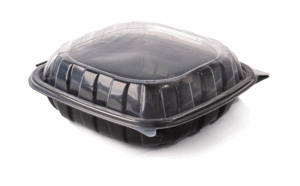 Premium PP Plastic Clamshell Square Container, 1 compartment, 10"x10"x3" - Black base & Transparent Lid. (Case of 150 pcs)