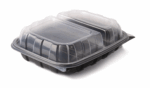 Dinner PP Plastic Clamshell Rectangular Container, 2 compartments, 11"x9"x3" - Black base & Transparent Lid. (Case of 120 pcs)