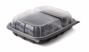 Dinner PP Plastic Clamshell Rectangular Container, 2 compartments, 11"x9"x3" - Black base & Transparent Lid. (Case of 120 pcs)
