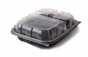 Dinner PP Plastic Clamshell Rectangular Container, 3 compartments, 11"x9"x3" - Black base & Transparent Lid. (Case of 120 pcs)